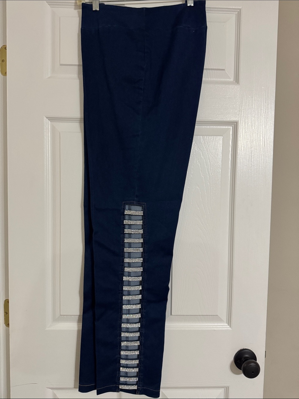 Navy Pull-On Jeans with Vertical Embellished Stripe